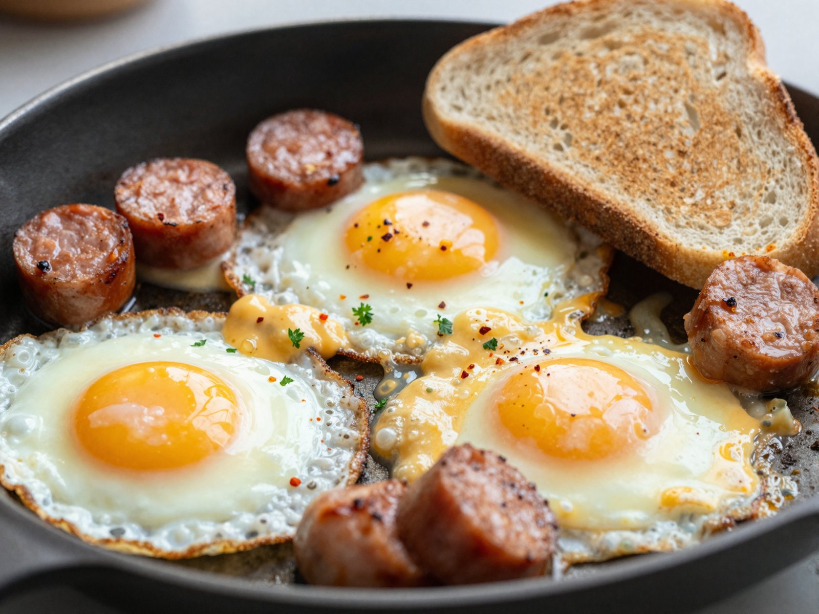 Fried Eggs with Sausage & Cheese