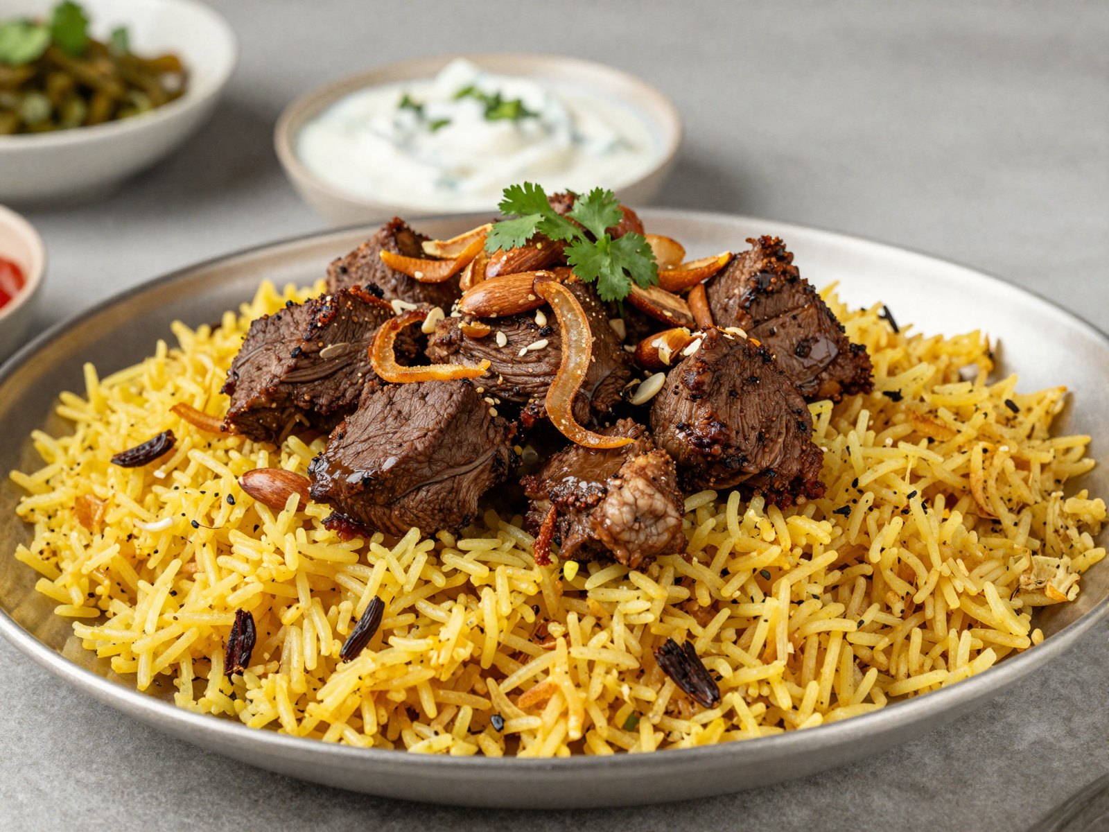 لحمة متبّلة مع رز كبسة